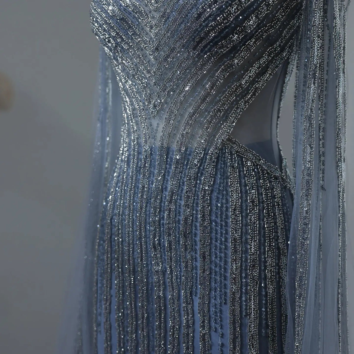 Luxury Beaded Blue Evening Dress with Cape Sleeves SS251
