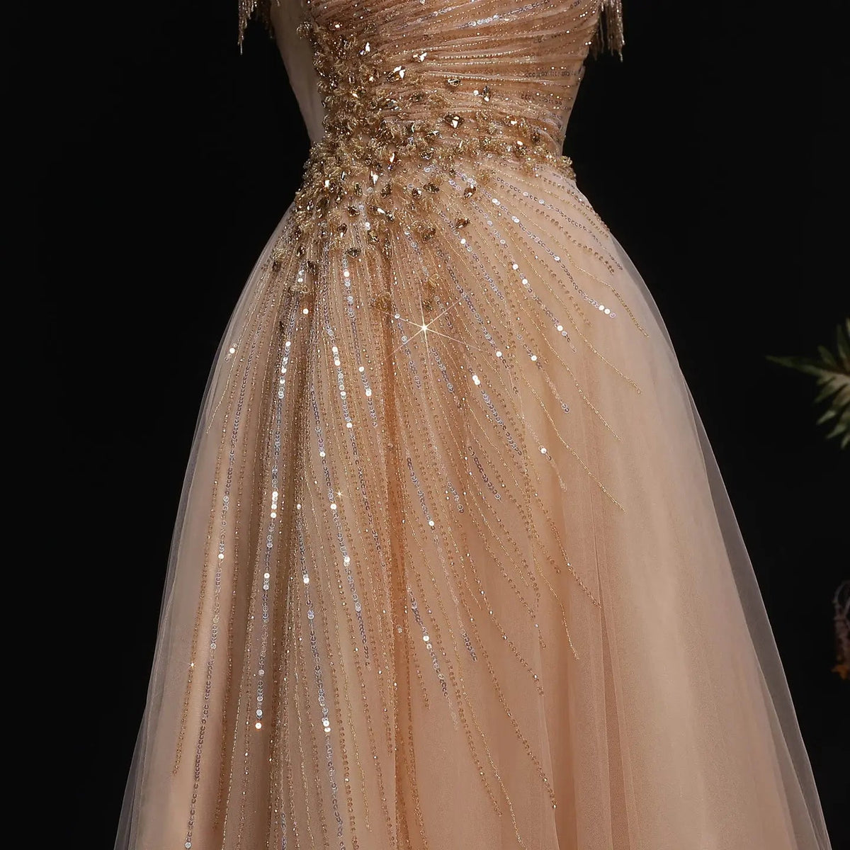 Luxury Blue Tassel Beaded Tulle A-Line Evening Dress SS058