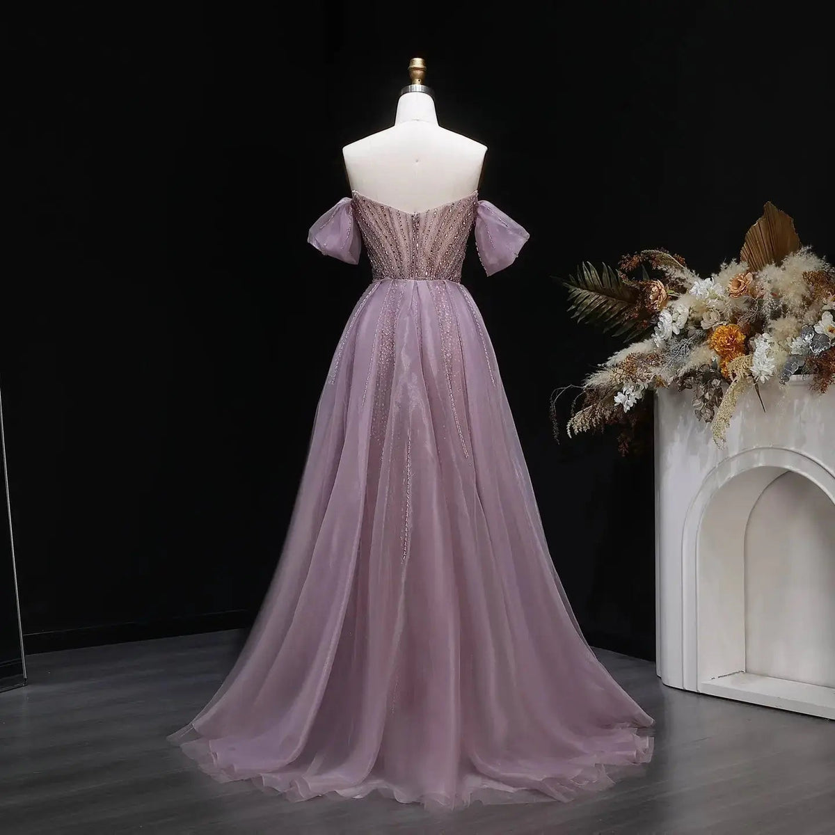 Glamorous Pink Off-the-Shoulder Beaded Crystal Corset Evening Dress SS120