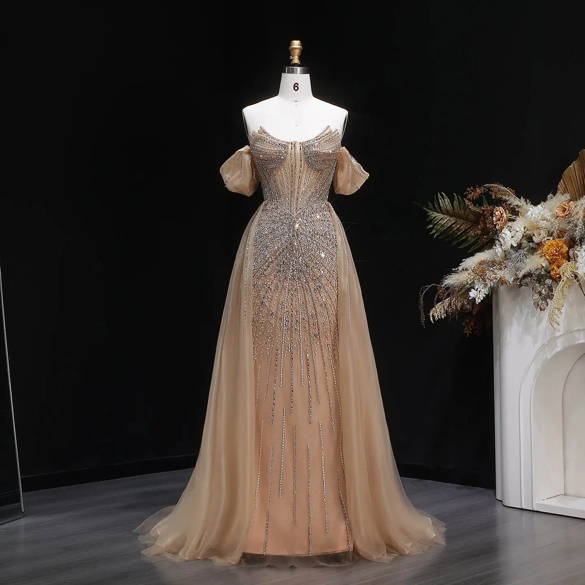 Glamorous Pink Off-the-Shoulder Beaded Crystal Corset Evening Dress SS120