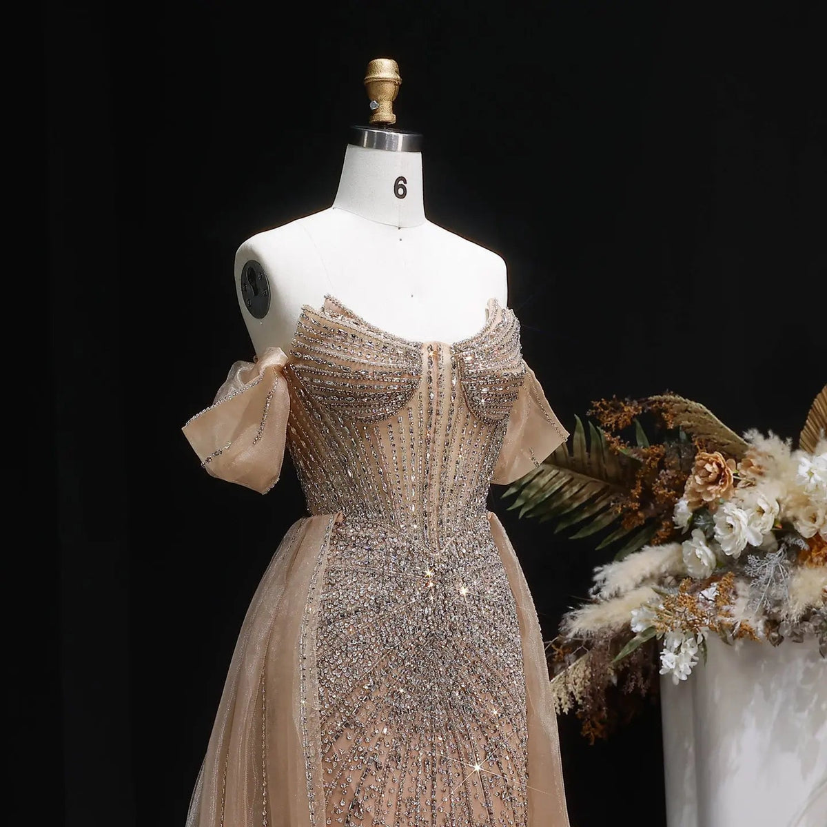 Glamorous Pink Off-the-Shoulder Beaded Crystal Corset Evening Dress SS120
