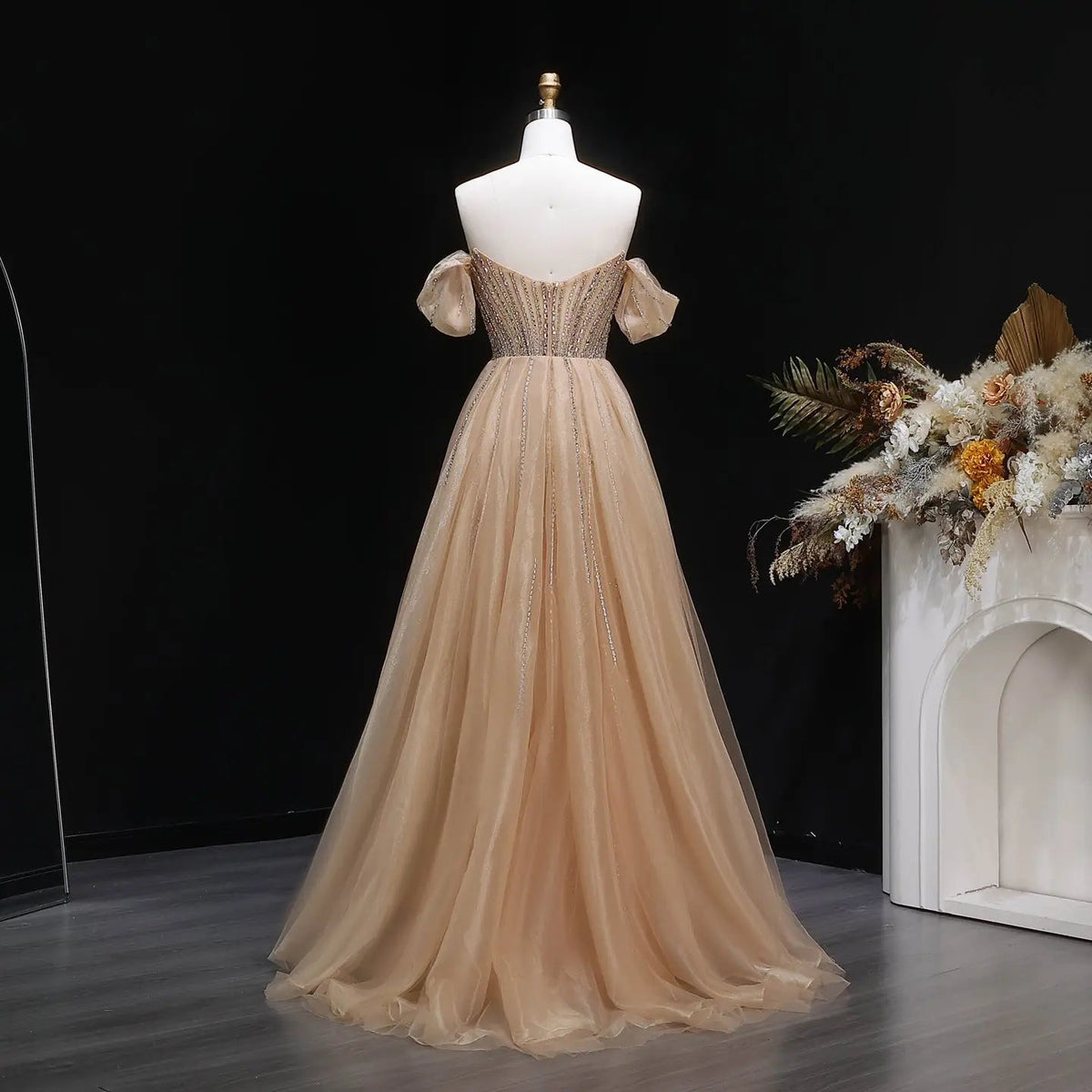 Glamorous Pink Off-the-Shoulder Beaded Crystal Corset Evening Dress SS120
