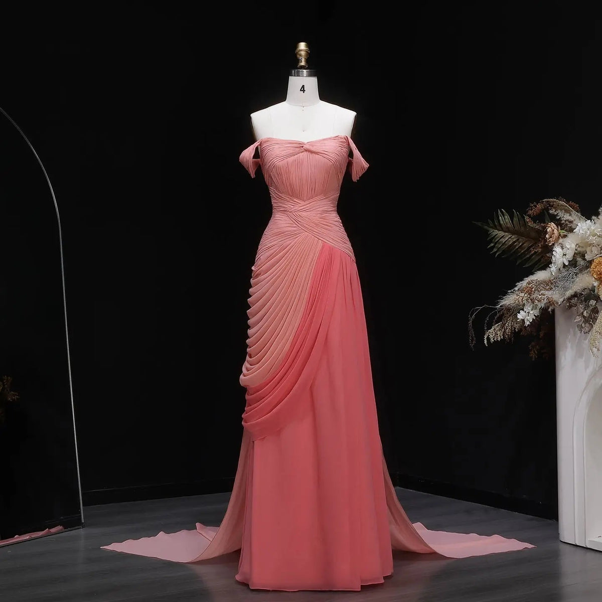 Glamorous Coral Off-the-Shoulder Evening Dress with Ombre Pleated Detail SF424