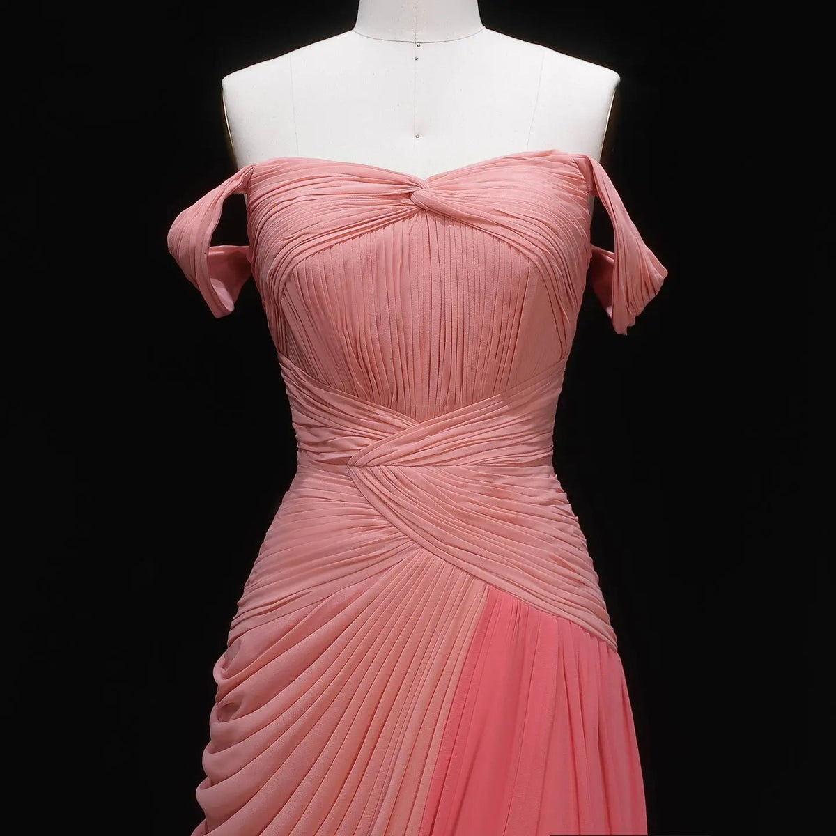 Glamorous Coral Off-the-Shoulder Evening Dress with Ombre Pleated Detail SF424
