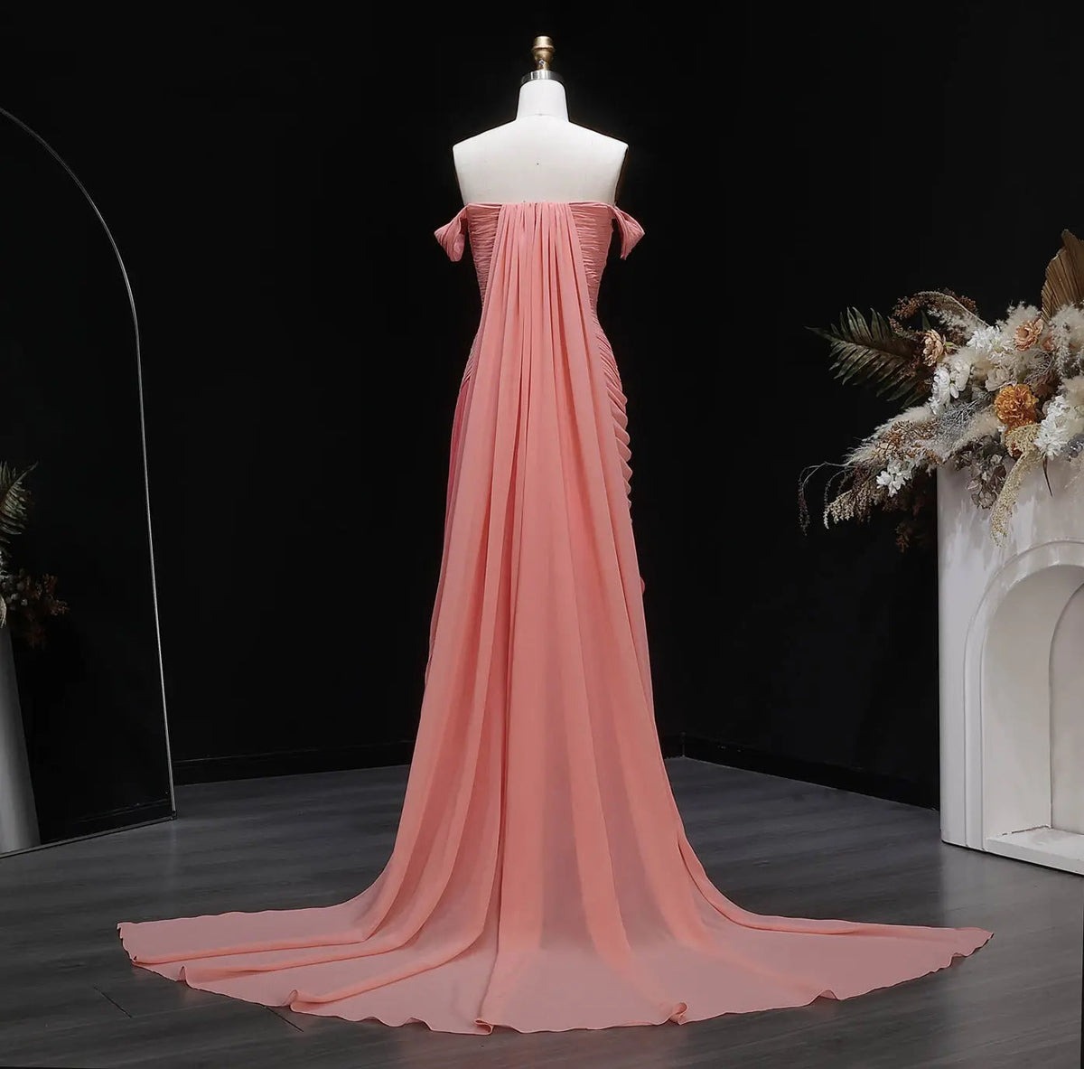 Glamorous Coral Off-the-Shoulder Evening Dress with Ombre Pleated Detail SF424