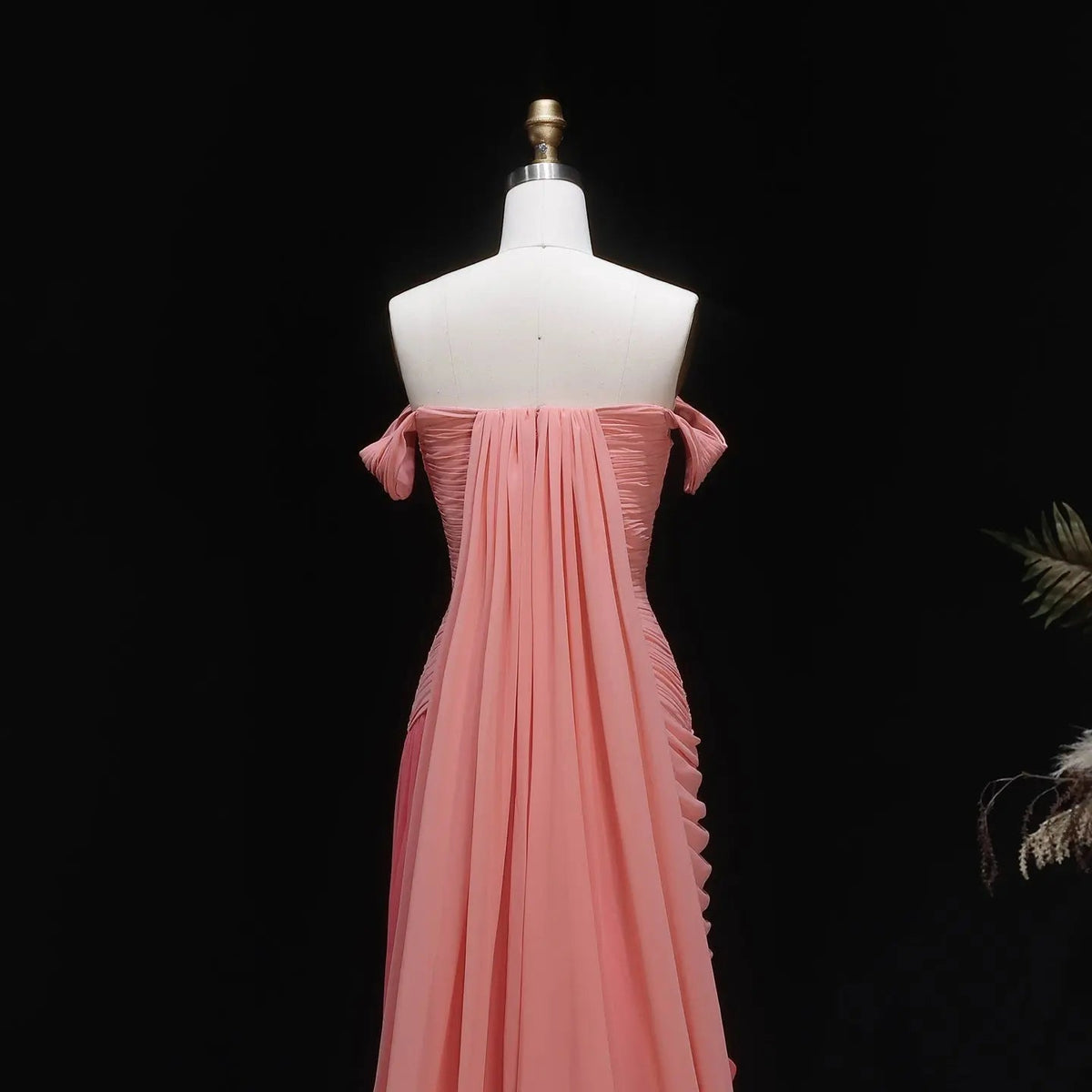 Glamorous Coral Off-the-Shoulder Evening Dress with Ombre Pleated Detail SF424