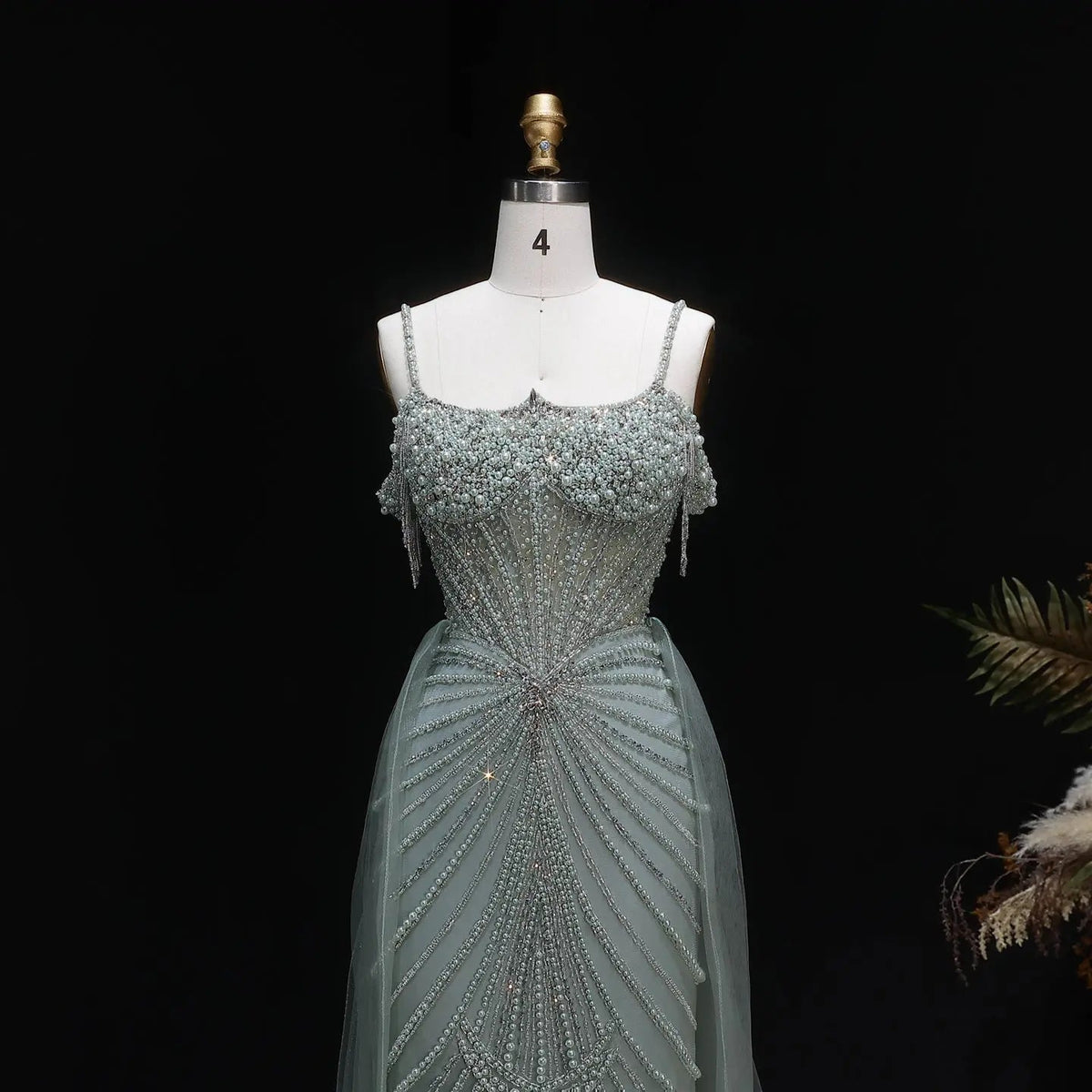 Luxury Green Spaghetti Strap Beaded Evening Dress with Overskirt SS121