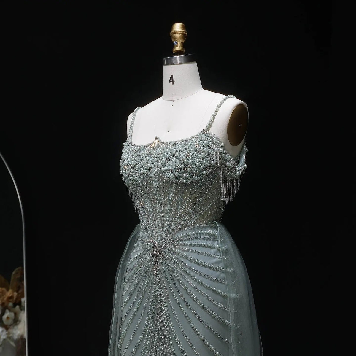 Luxury Green Spaghetti Strap Beaded Evening Dress with Overskirt SS121