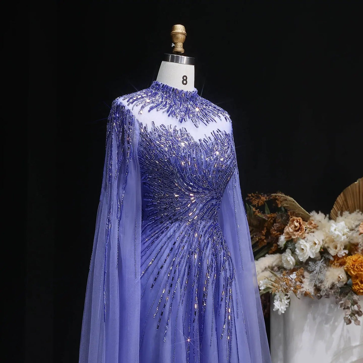 Luxury Blue High Neck Beaded Evening Dress with Cape Sleeve SS134