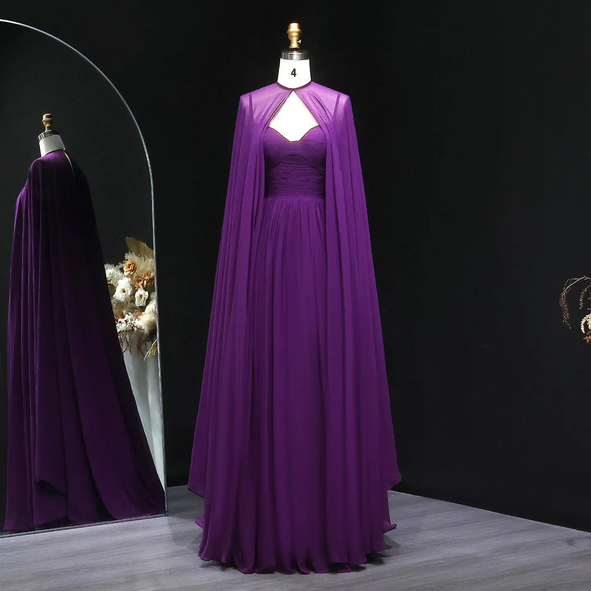 Elegant Purple Chiffon Evening Dress with Cape SF002
