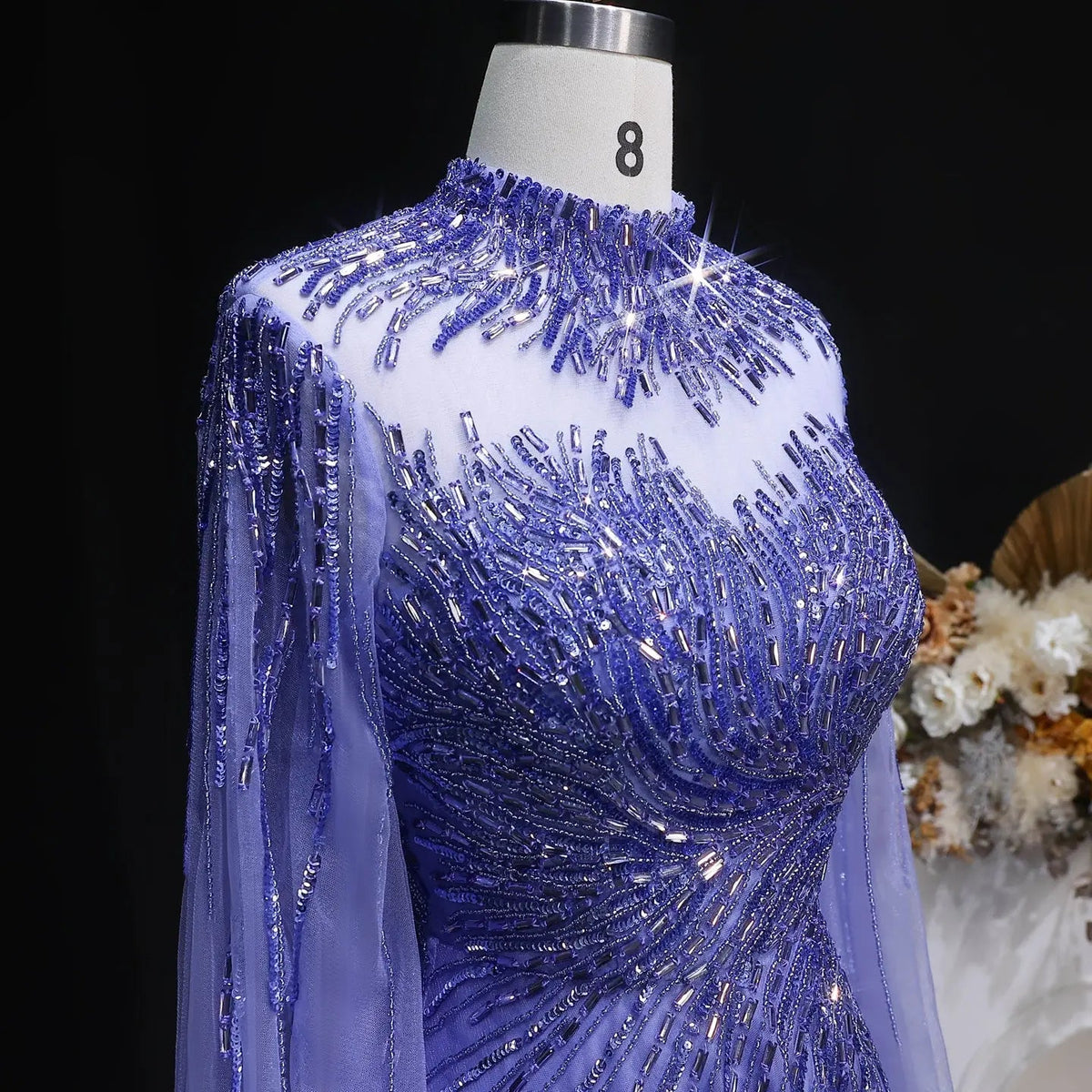 Luxury Blue High Neck Beaded Evening Dress with Cape Sleeve SS134