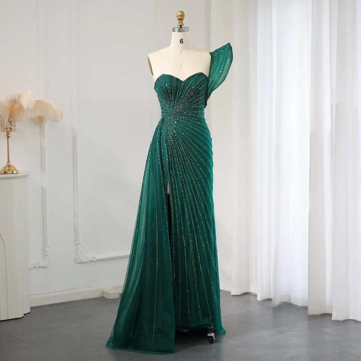 Emerald Green One Shoulder Slit Evening Dress with Overskirt SS201