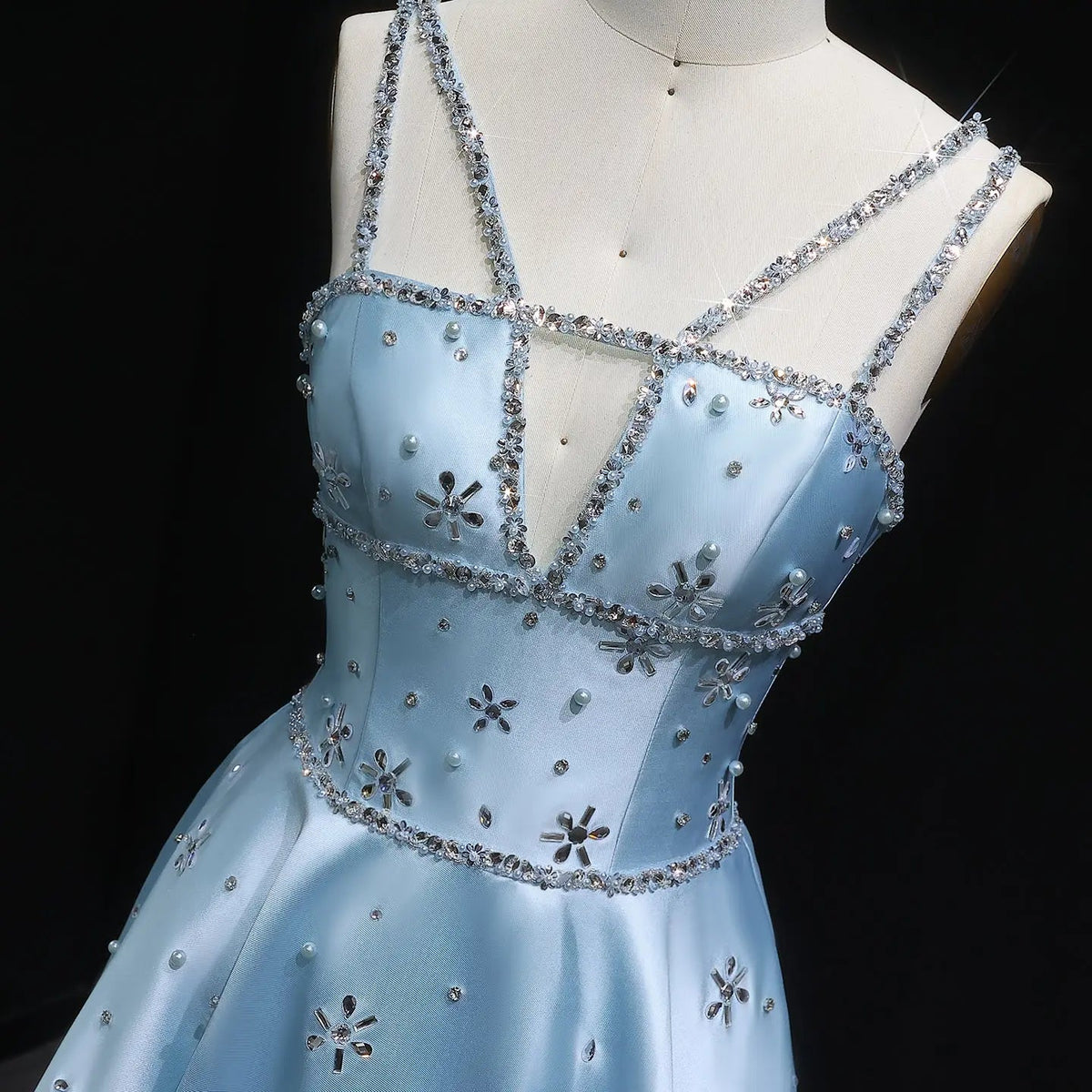 Elegant Blue Satin Embellished Crystal Strap Evening Dress SS428