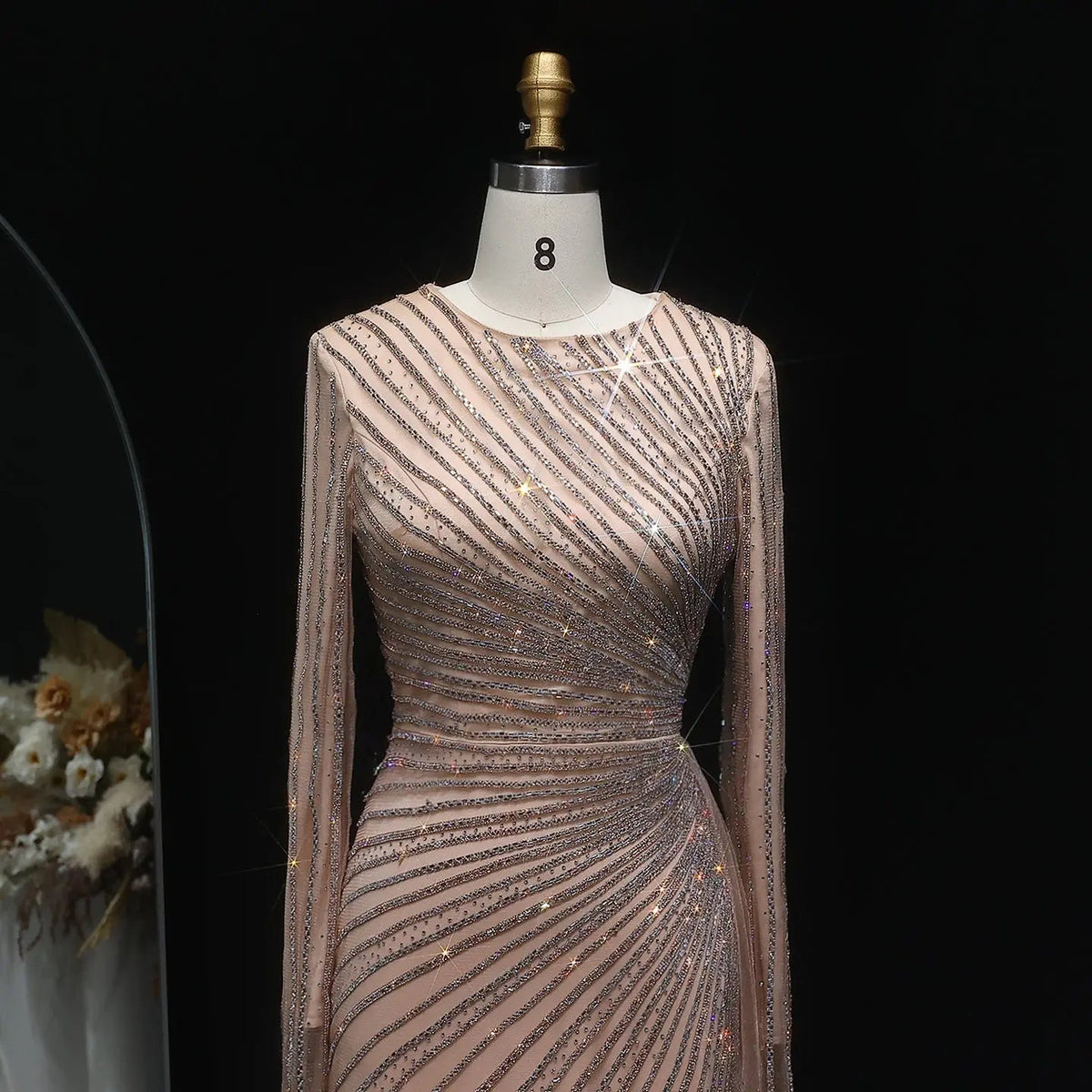 Luxury Beaded Gold Long Sleeves Evening Dress with Overskirt SS113