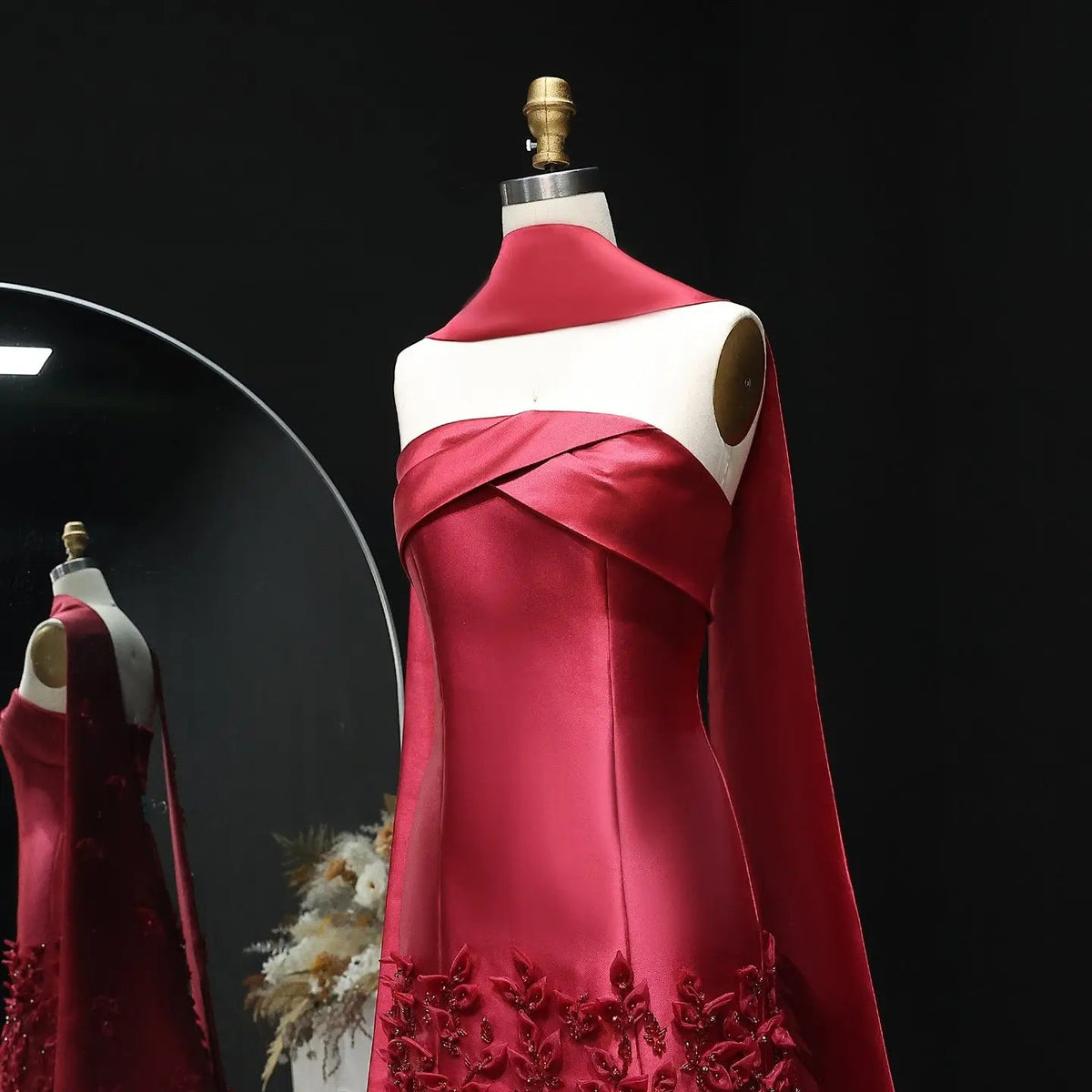 Luxury 3D Leaves Pink Satin Evening Dress with Cape SS463