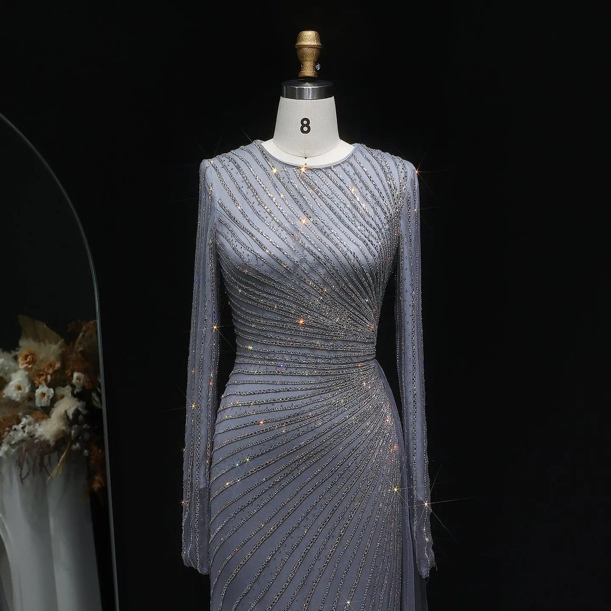 Luxury Beaded Gold Long Sleeves Evening Dress with Overskirt SS113