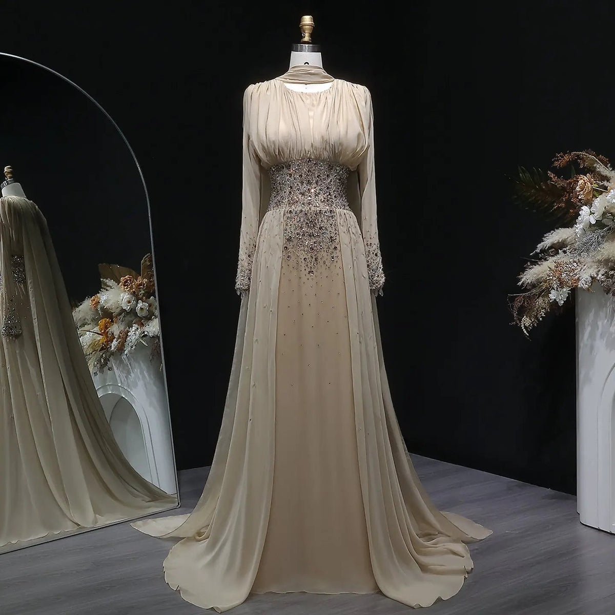 Luxury Champagne Beaded Crystal Fitted Evening Dress with Sheer Cape SS533