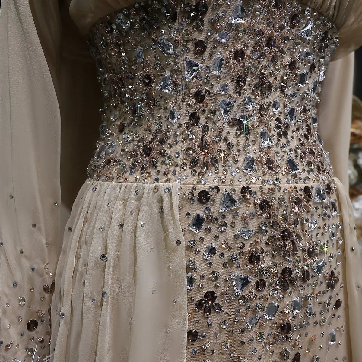 Luxury Champagne Beaded Crystal Fitted Evening Dress with Sheer Cape SS533