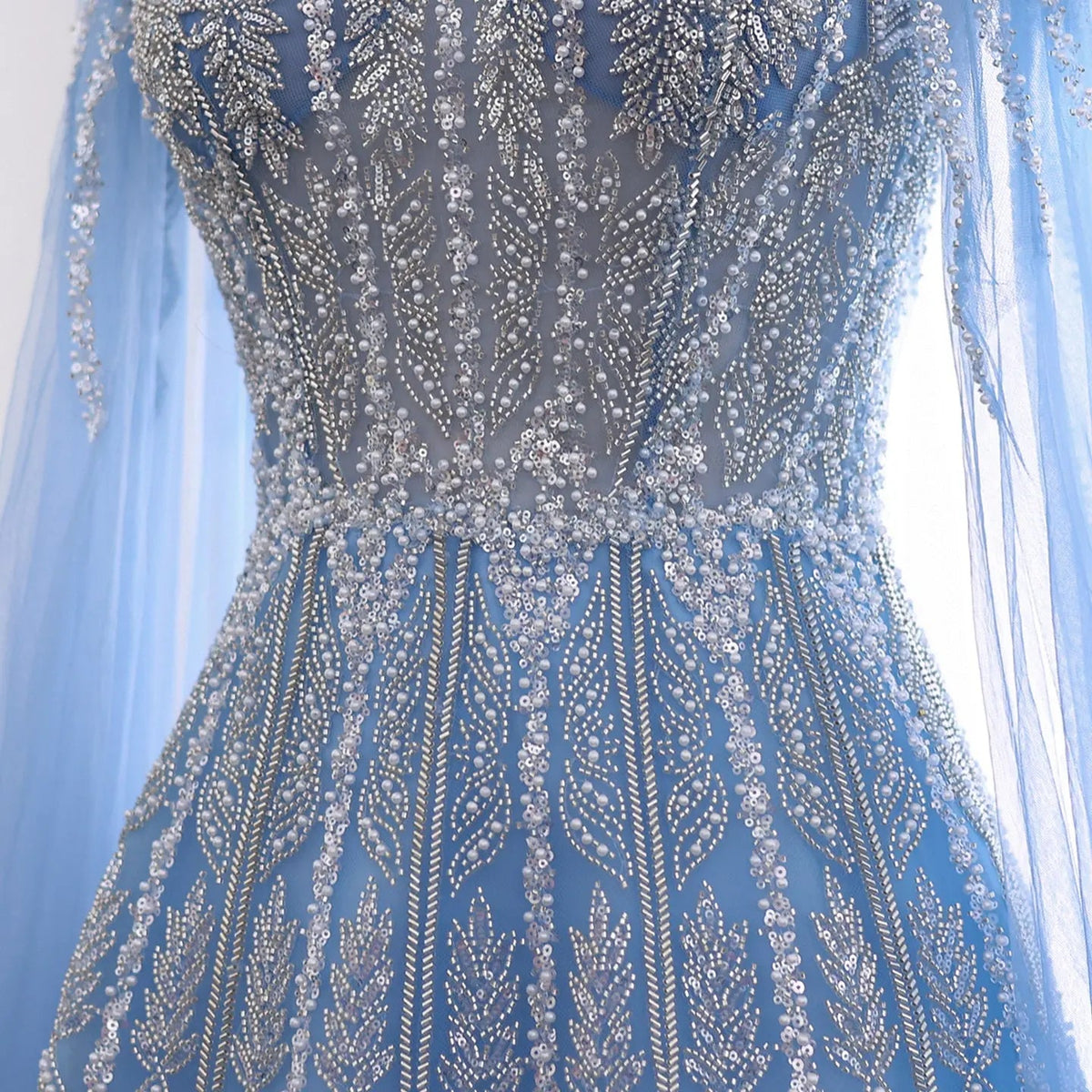 Luxury Blue Evening Dress with Cape Sleeves SS001