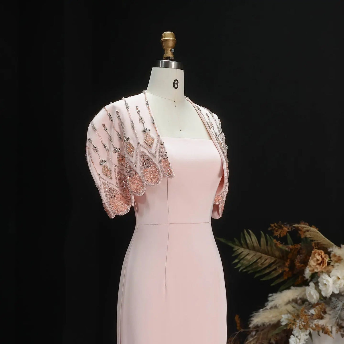 Glamorous Pink Strapless Evening Dress with Beaded Capelet SS302