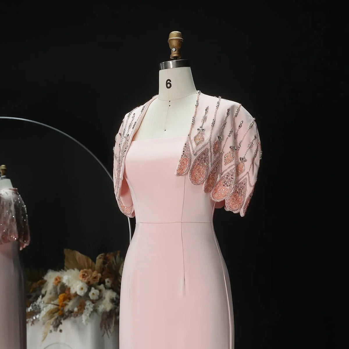 Glamorous Pink Strapless Evening Dress with Beaded Capelet SS302