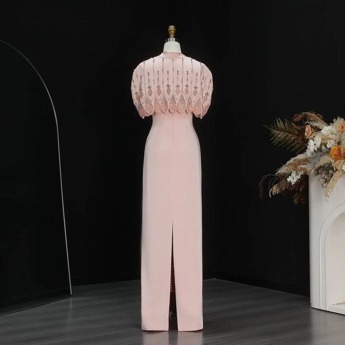 Glamorous Pink Strapless Evening Dress with Beaded Capelet SS302
