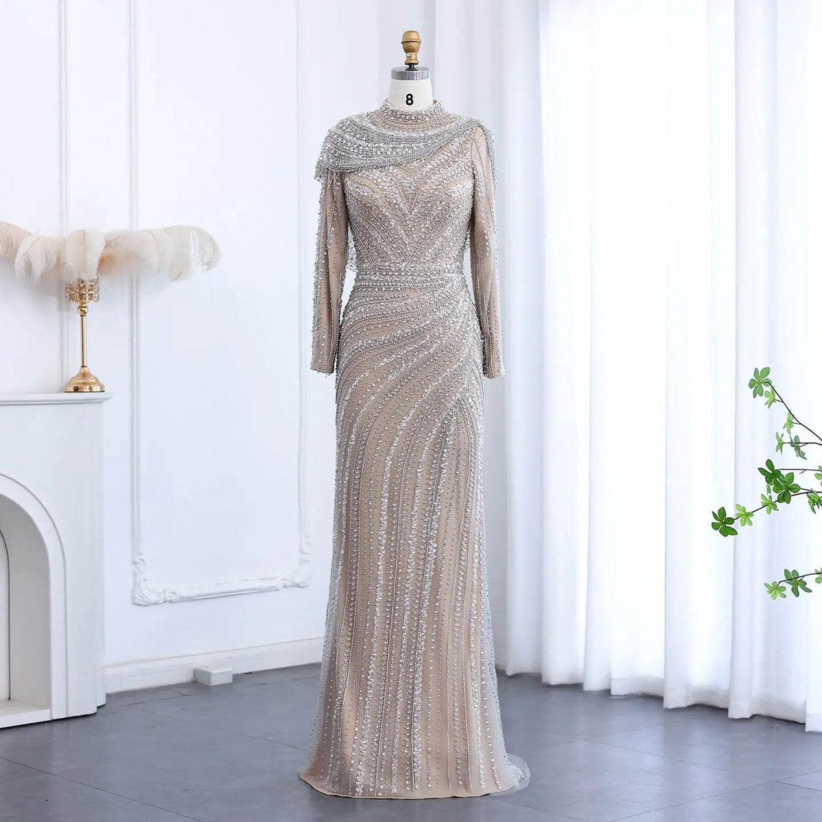 Luxury Beaded Silver Slit Mermaid Evening Dress with Cape SS035