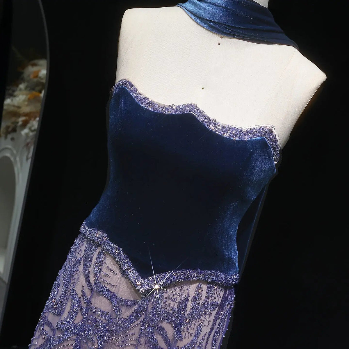 Luxury Beaded Blue Velvet Evening Dress with Scarf SS793