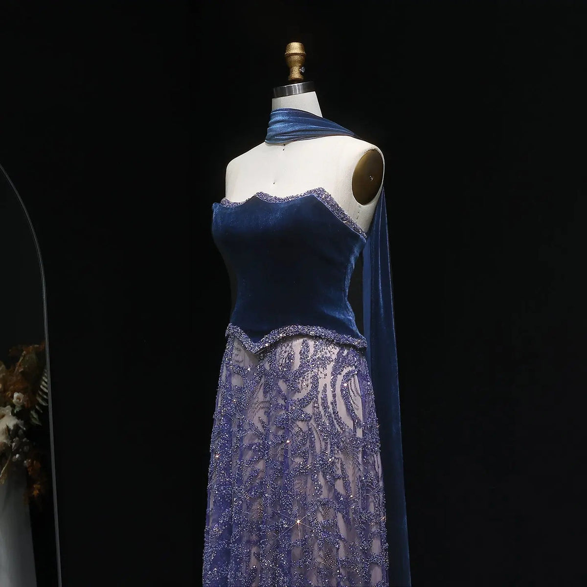 Luxury Beaded Blue Velvet Evening Dress with Scarf SS793