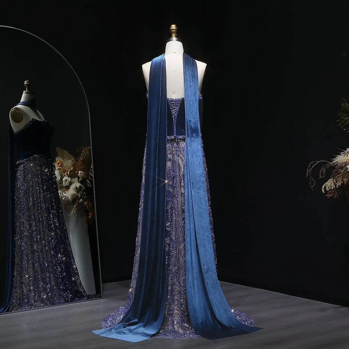 Luxury Beaded Blue Velvet Evening Dress with Scarf SS793