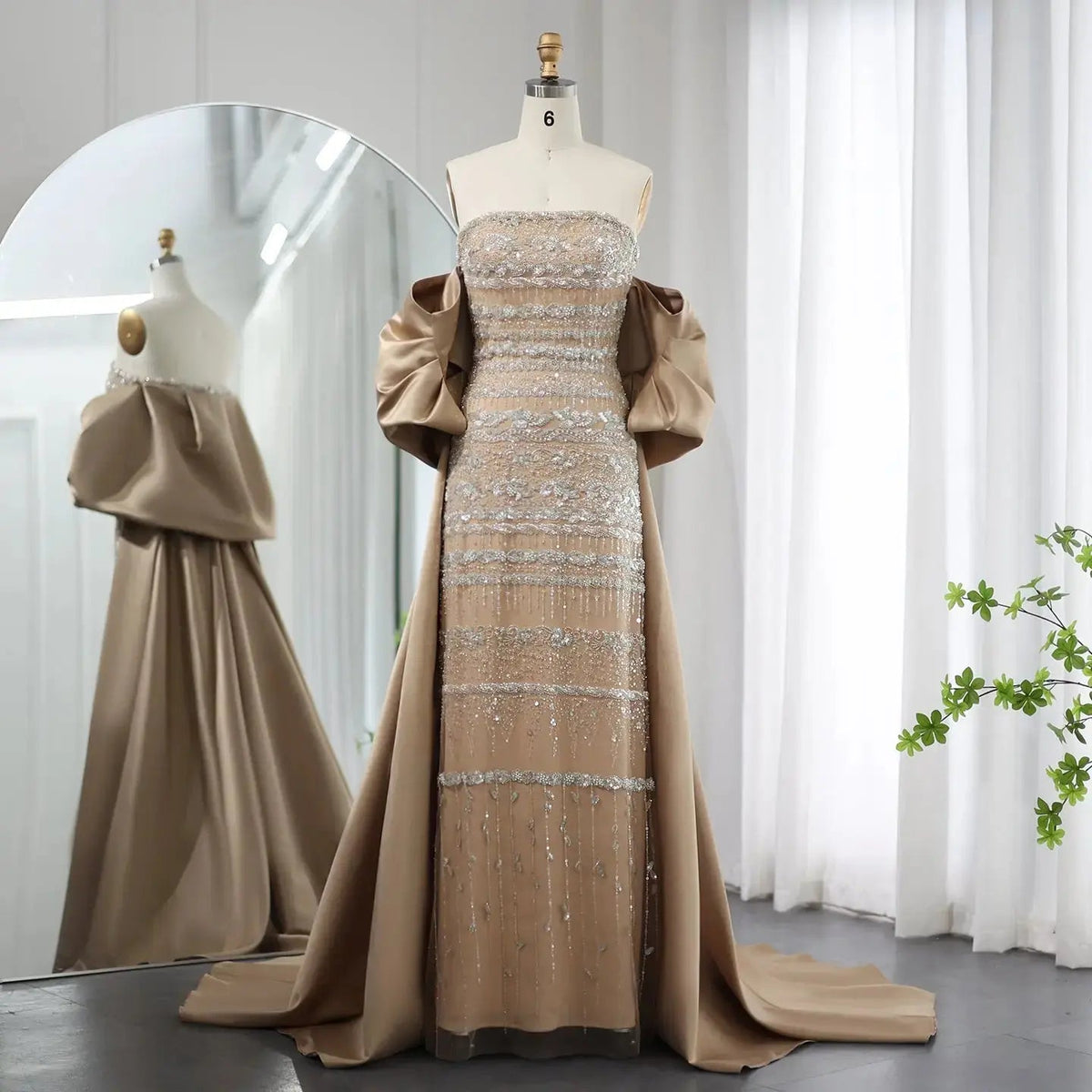 Luxury Sage Green Beaded Evening Dress with Cape SS238