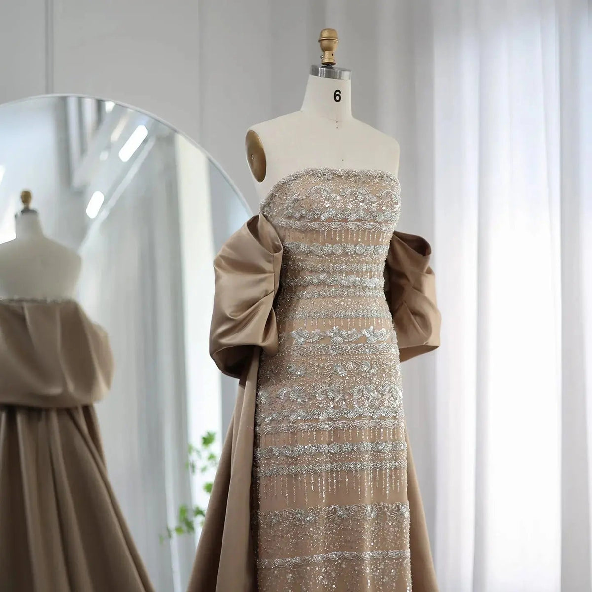 Luxury Sage Green Beaded Evening Dress with Cape SS238