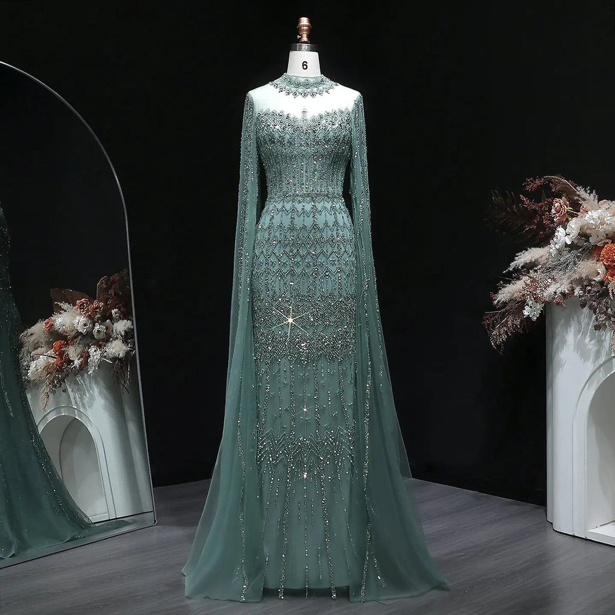 Luxury Green Long Sleeve Sequin Beaded Formal Evening Dress SS150