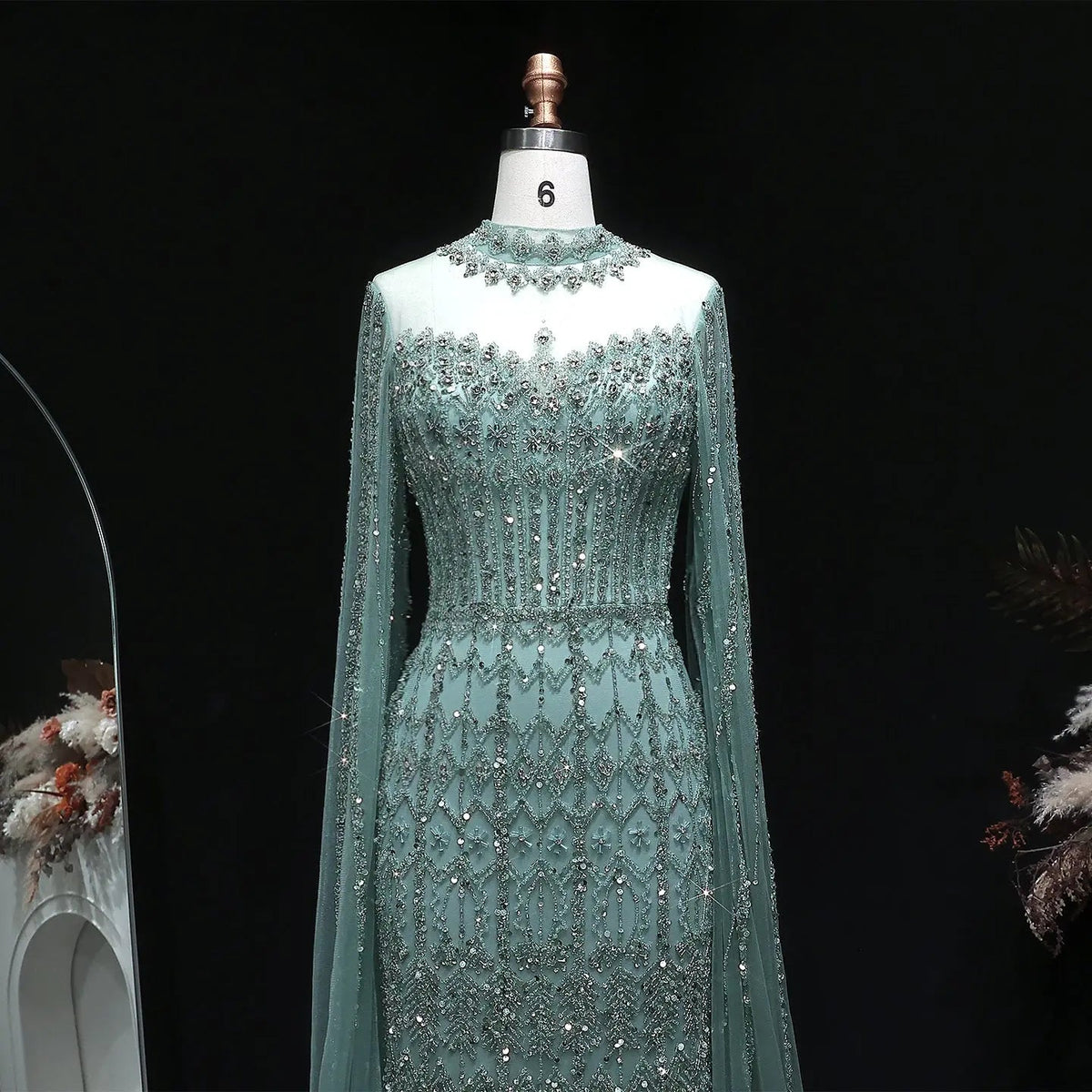 Luxury Green Long Sleeve Sequin Beaded Formal Evening Dress SS150