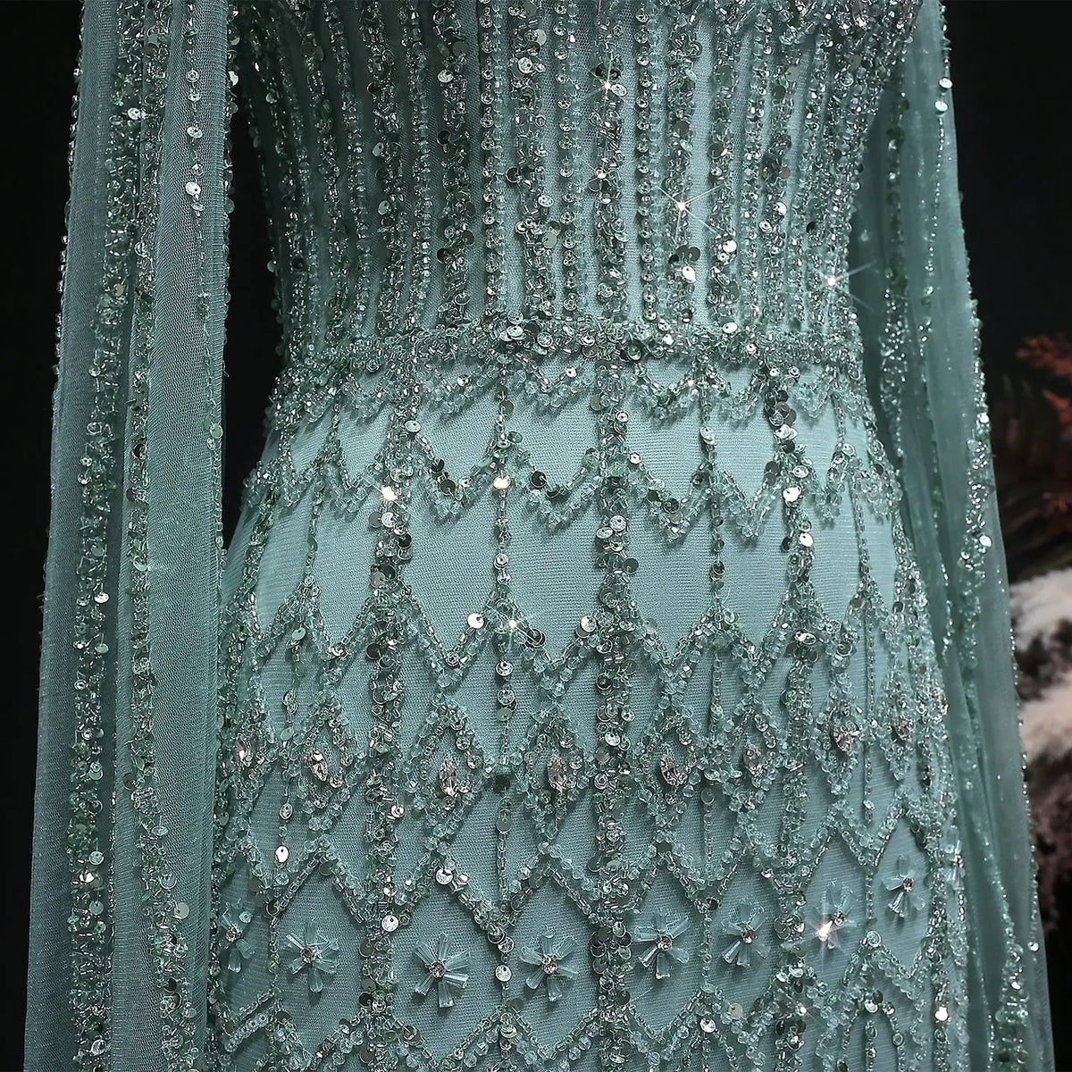 Luxury Green Long Sleeve Sequin Beaded Formal Evening Dress SS150