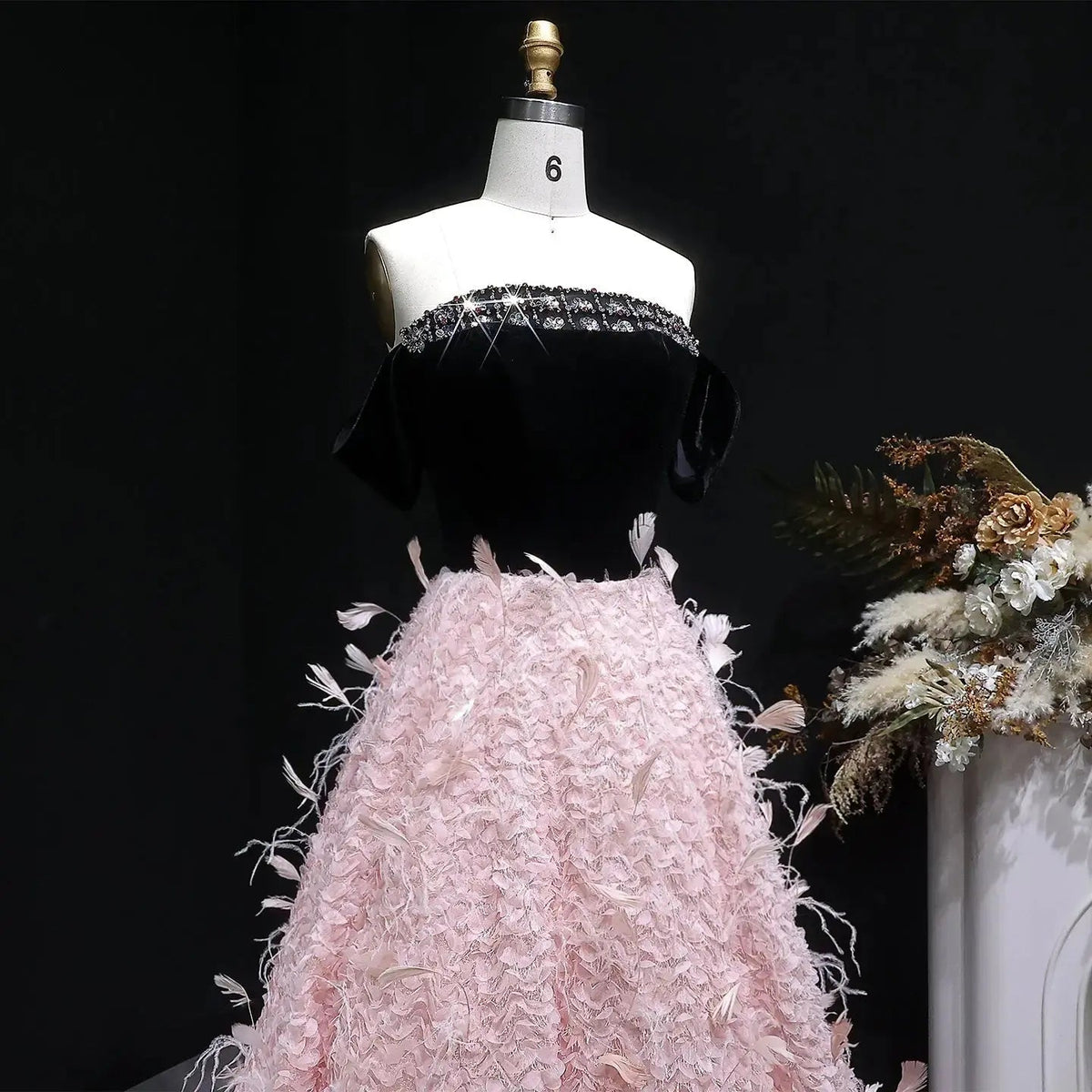 Luxury Black and Pink 3D Floral Feather Strapless Evening Dress SS721