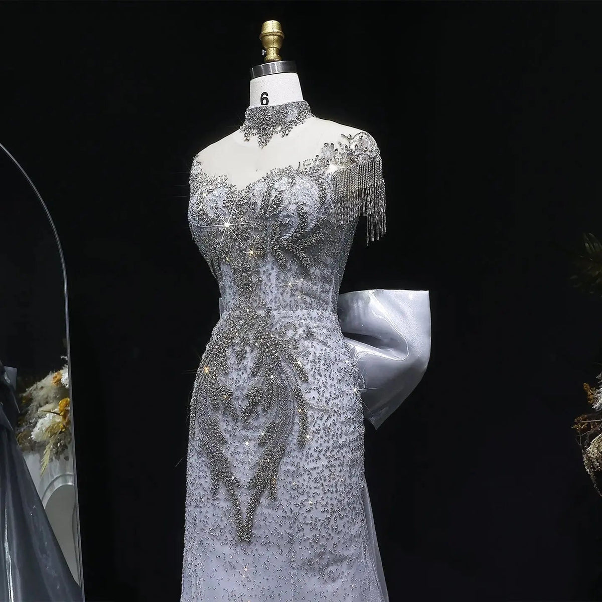 Luxury Silver Gray Beaded Train Evening Dress with Bow Tie and Necklace SS722