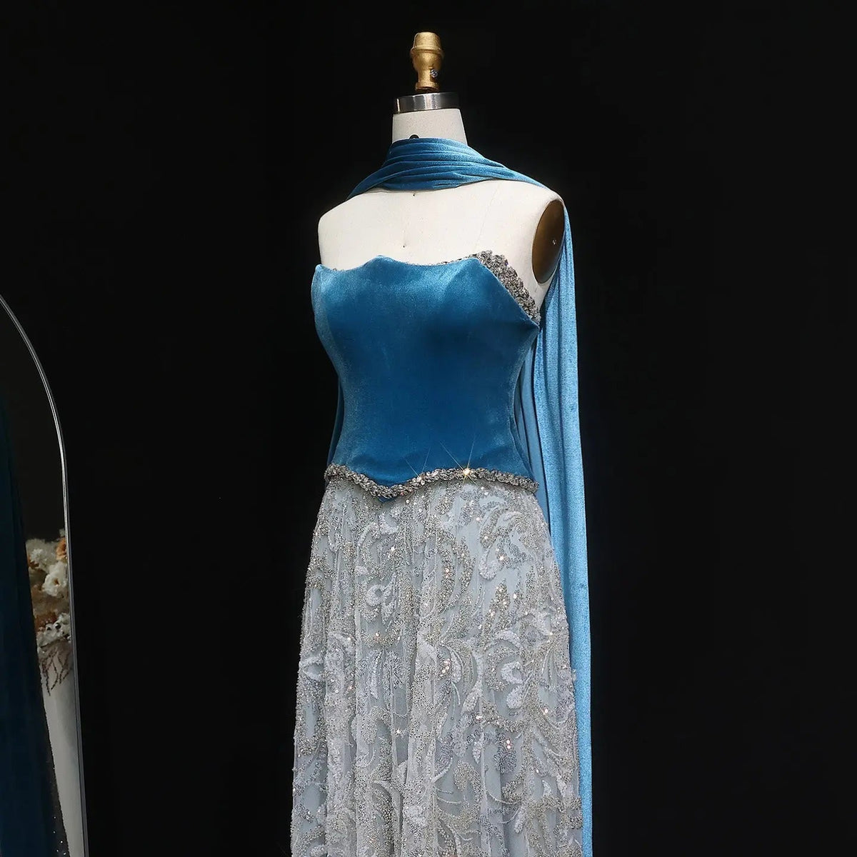 Luxury Beaded Blue Velvet Evening Dress with Scarf SS793