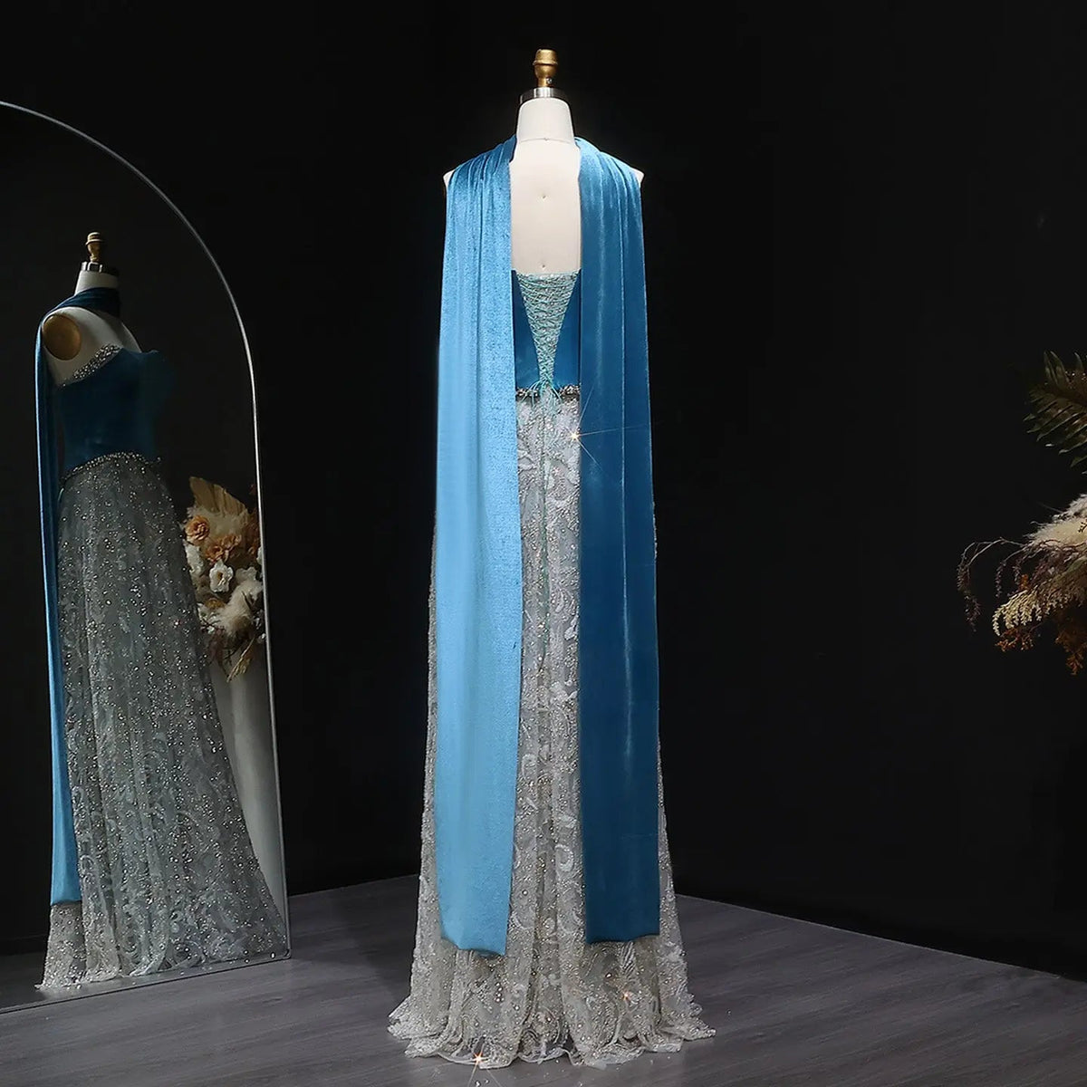 Luxury Beaded Blue Velvet Evening Dress with Scarf SS793