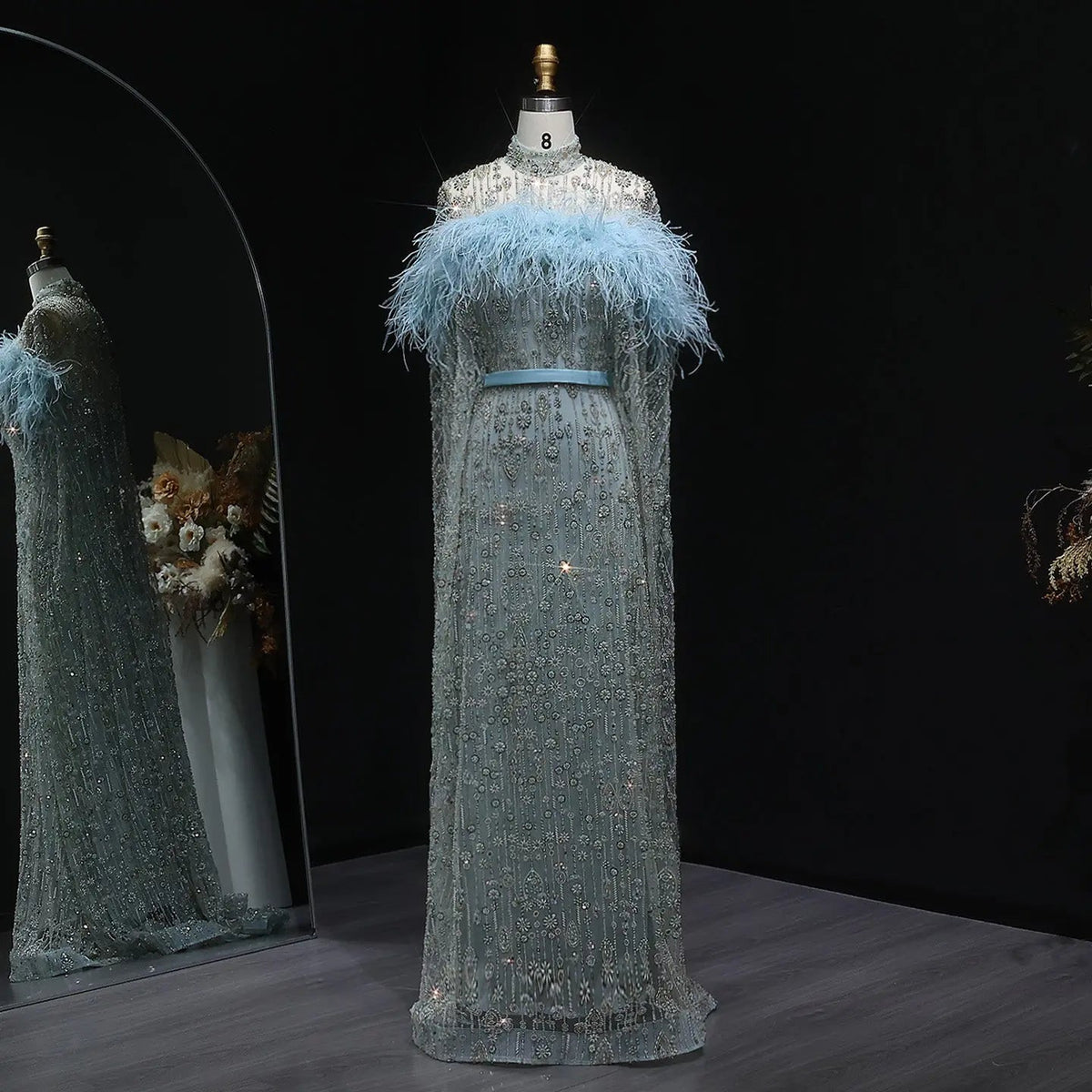 Luxury Beaded Dubai Kaftan Feathers Evening Dress with Cape Sleeves SS665