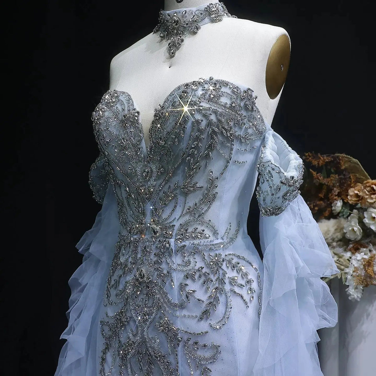 Luxury Blue Beaded Tulle Evening Dress with Flowing Sleeves SS723