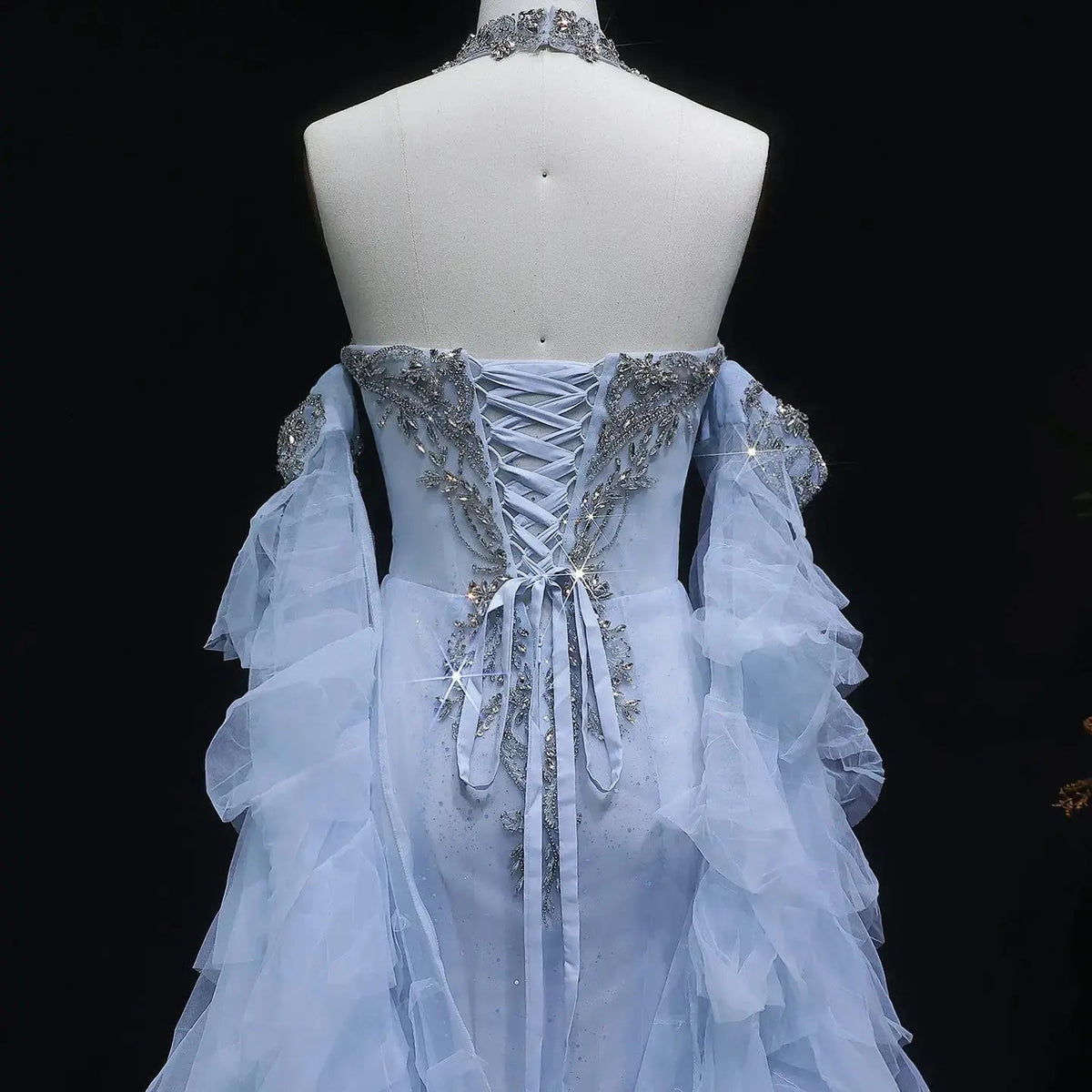 Luxury Blue Beaded Tulle Evening Dress with Flowing Sleeves SS723