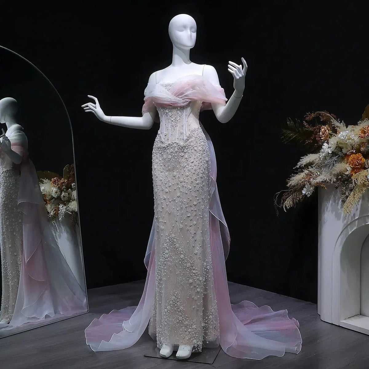 Glamorous Blush Pink Off-the-Shoulder Draped Sequin Evening Dress SS519