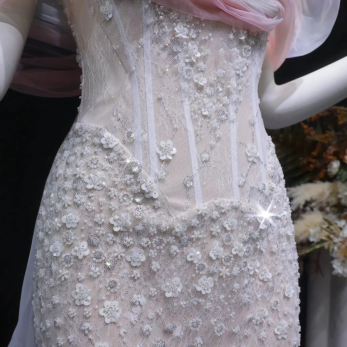 Glamorous Blush Pink Off-the-Shoulder Draped Sequin Evening Dress SS519