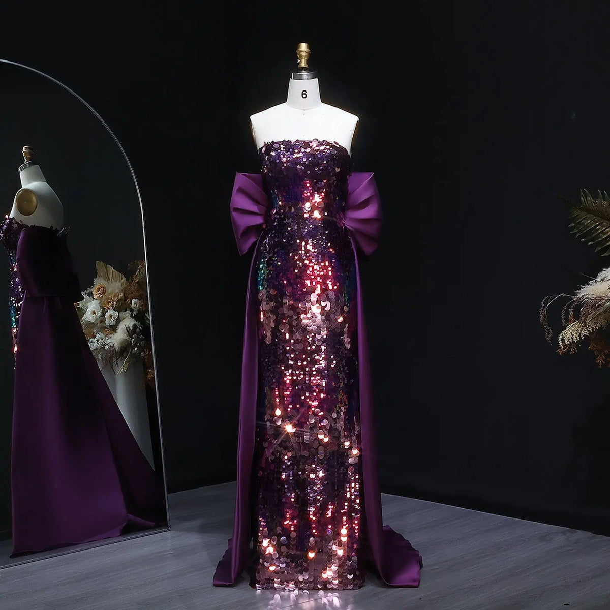 Luxury Purple Sequin Evening Dress with Oversized Satin Sleeves SF039