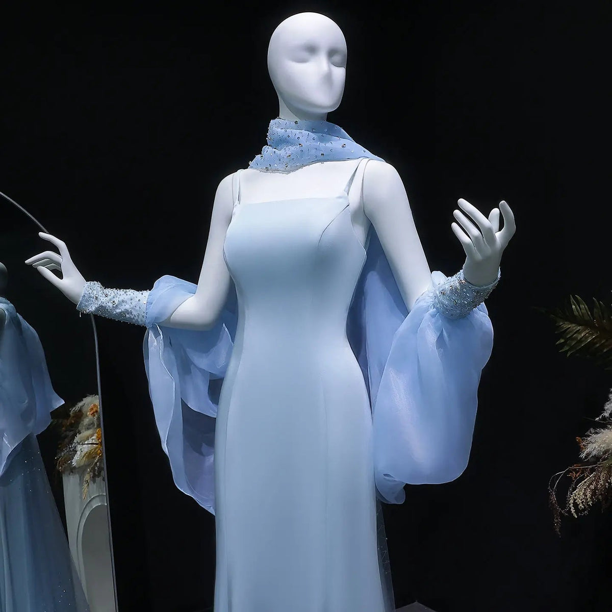 Elegant Light Blue Crystal Evening Dress with Puff Sleeves and Cape SS261