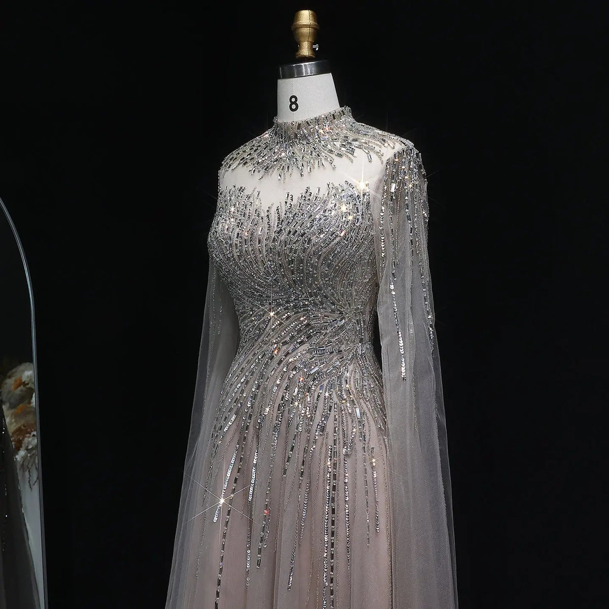 Luxury Blue High Neck Beaded Evening Dress with Cape Sleeve SS134