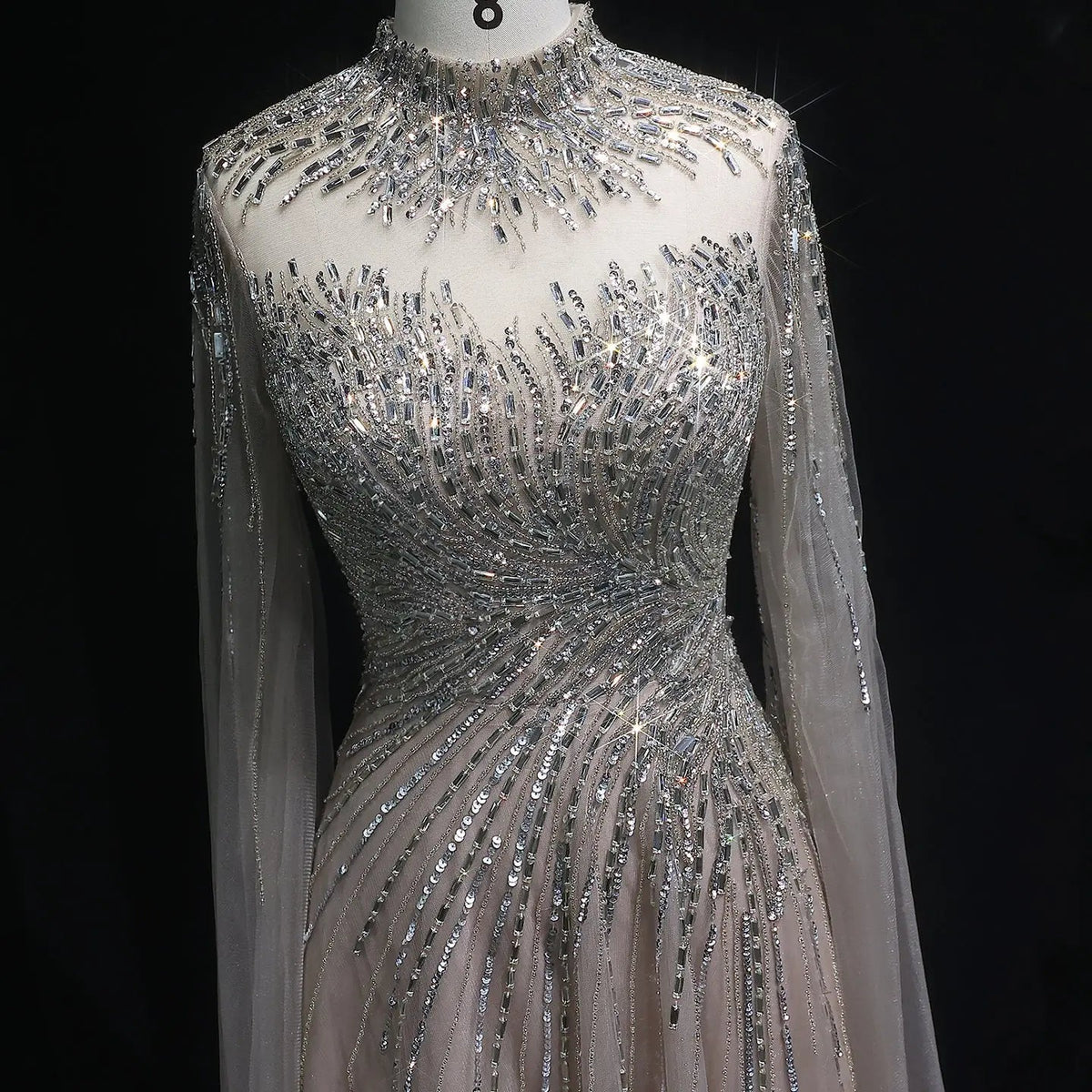 Luxury Blue High Neck Beaded Evening Dress with Cape Sleeve SS134