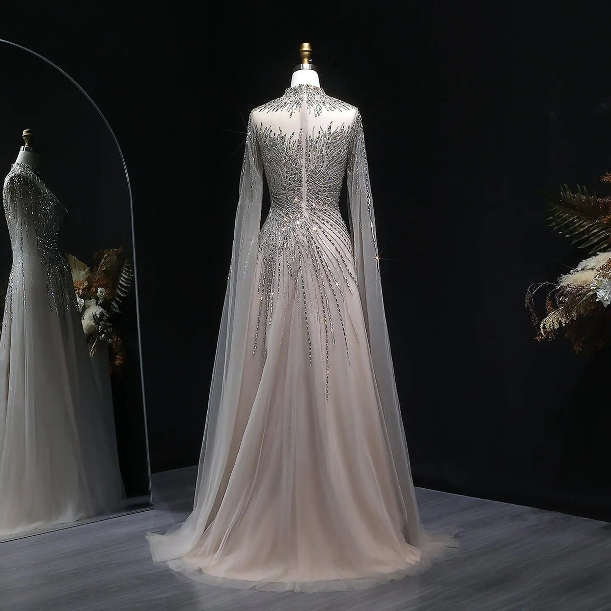 Luxury Blue High Neck Beaded Evening Dress with Cape Sleeve SS134