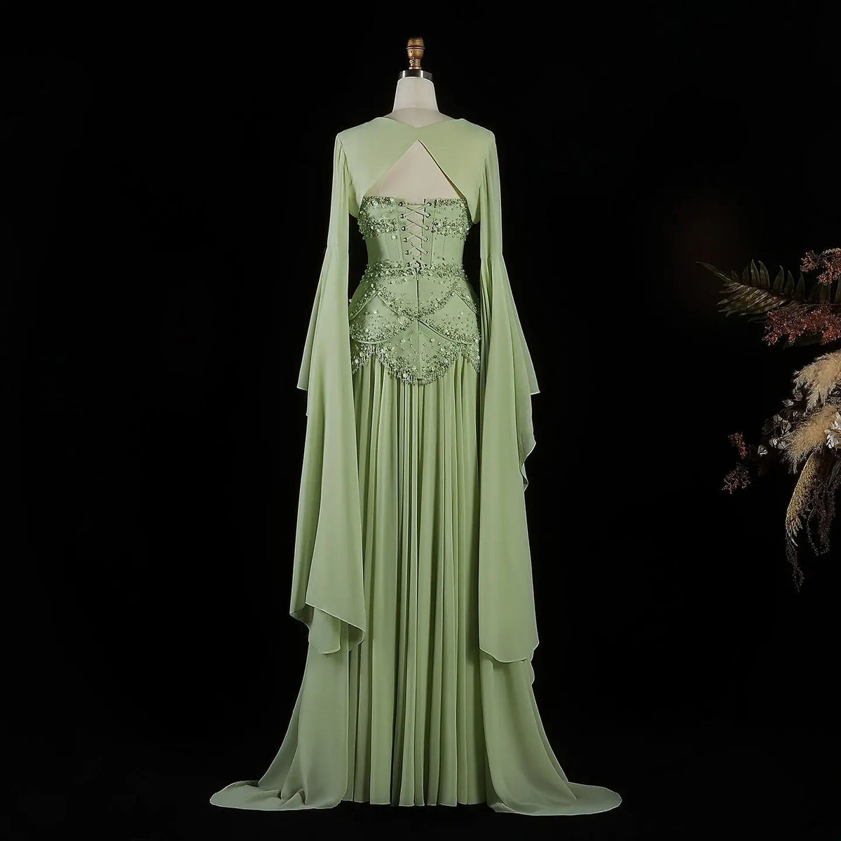 Luxury Pearls Tassel Blue and Yellow Evening Dress with Flowing Sleeves SS286